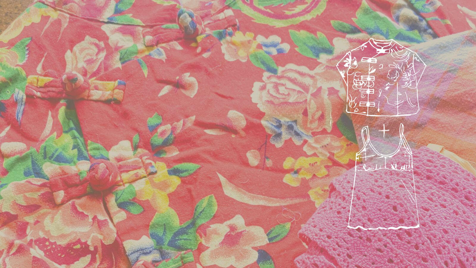 Original garments, frog button closure, and design sketches used in the cushion construction.