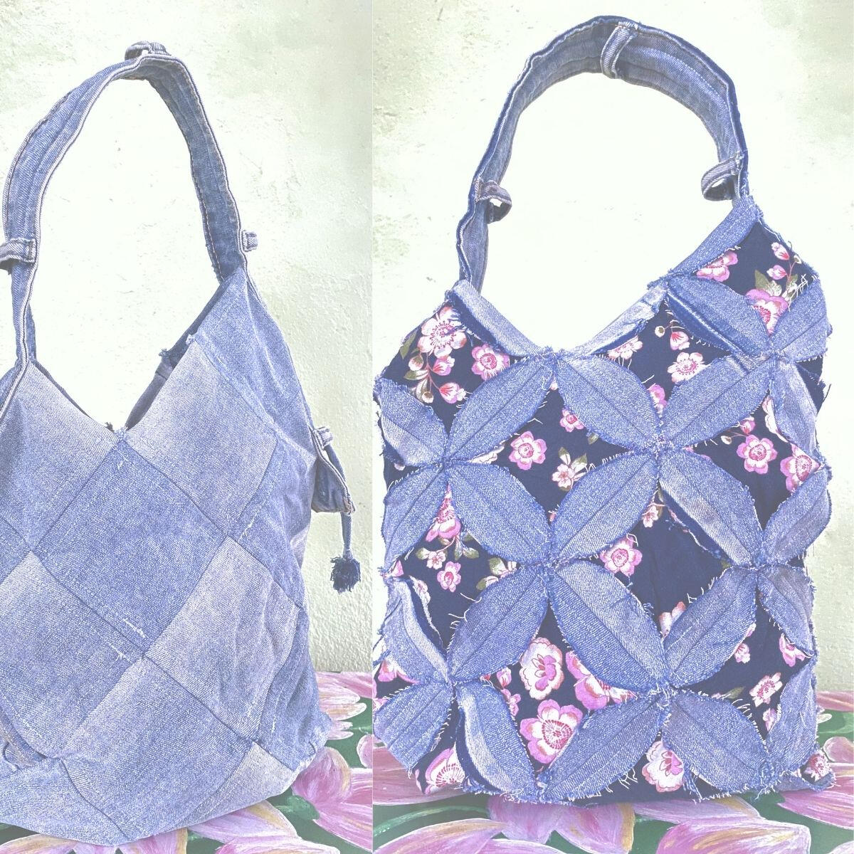 Reversible tote bag showing denim and floral textile surfaces.