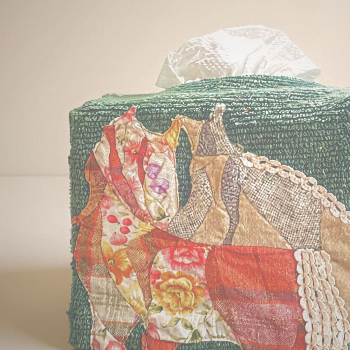 Reverse side of textile object showing woven tape details inspired by horse mane and tail.